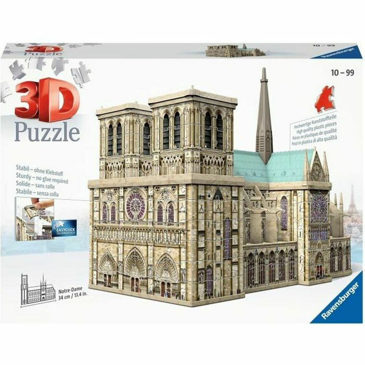 Pudełko puzzle 3D Notre Dame ze szczegółowym modelem katedry. Solidne, nie wymaga kleju.