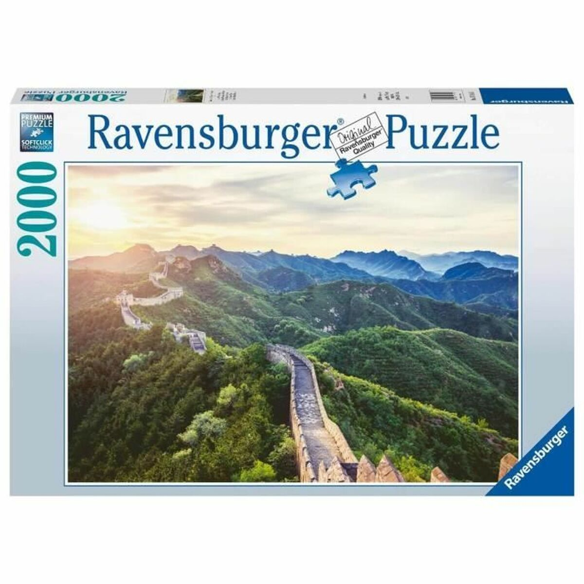 Puzzle Ravensburger: Wielki Mur Chiński, 2000 elementów, zachód słońca nad wzgórzami.