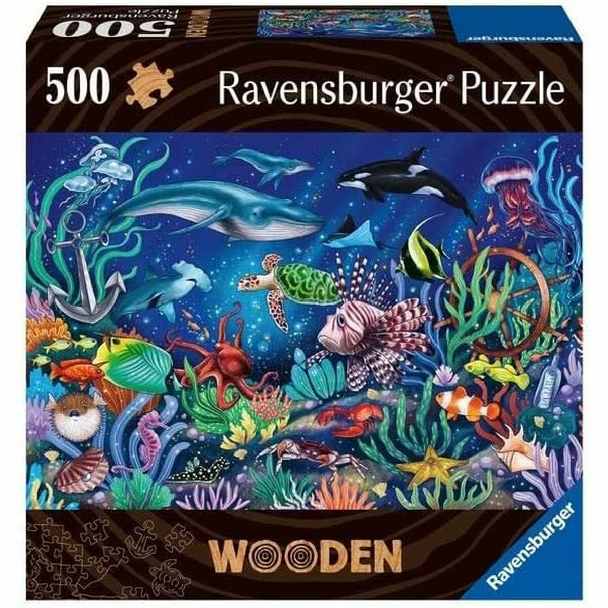 Puzzle Ravensburger 500 elementów z podwodnym światem: wieloryb, delfiny, żółw, meduza.