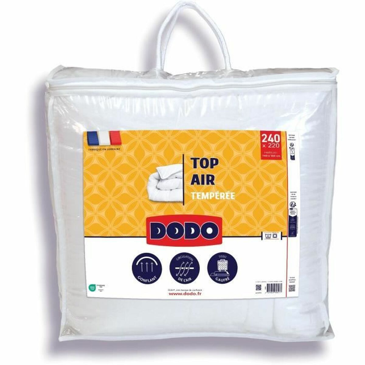 Dodo Top Air Temperee Bettdecke in klarer Verpackung mit französischer Flagge. Größe 240x220.
