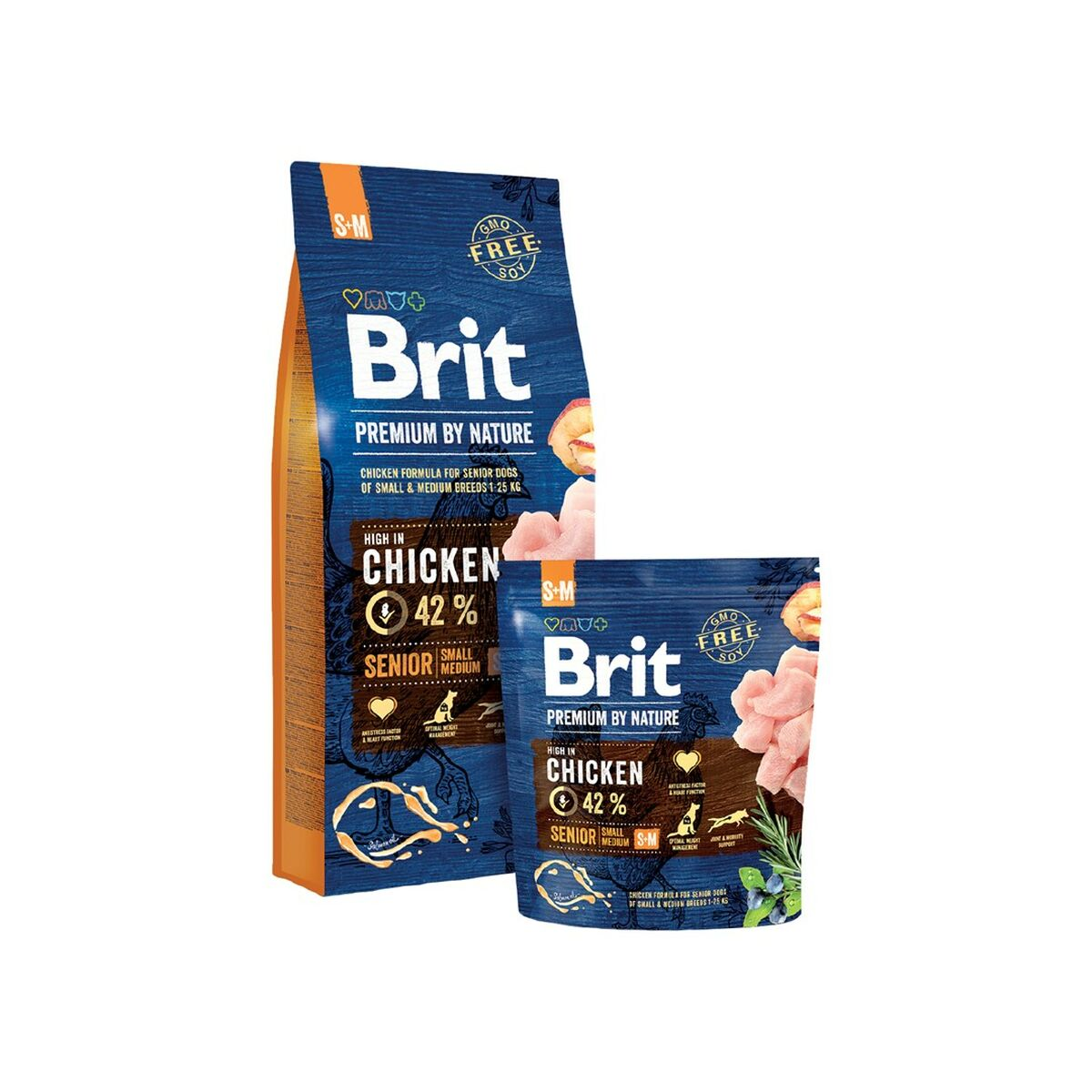 Dwie torby karmy dla psów Brit, Premium by Nature, formuła z kurczakiem dla seniorów.