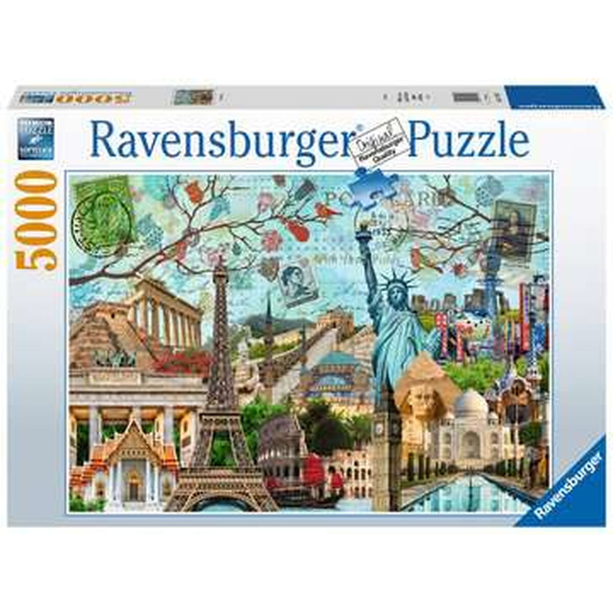 Puzzle Ravensburger: Znane zabytki świata, jak Wieża Eiffla, Statua Wolności, Tadż Mahal.