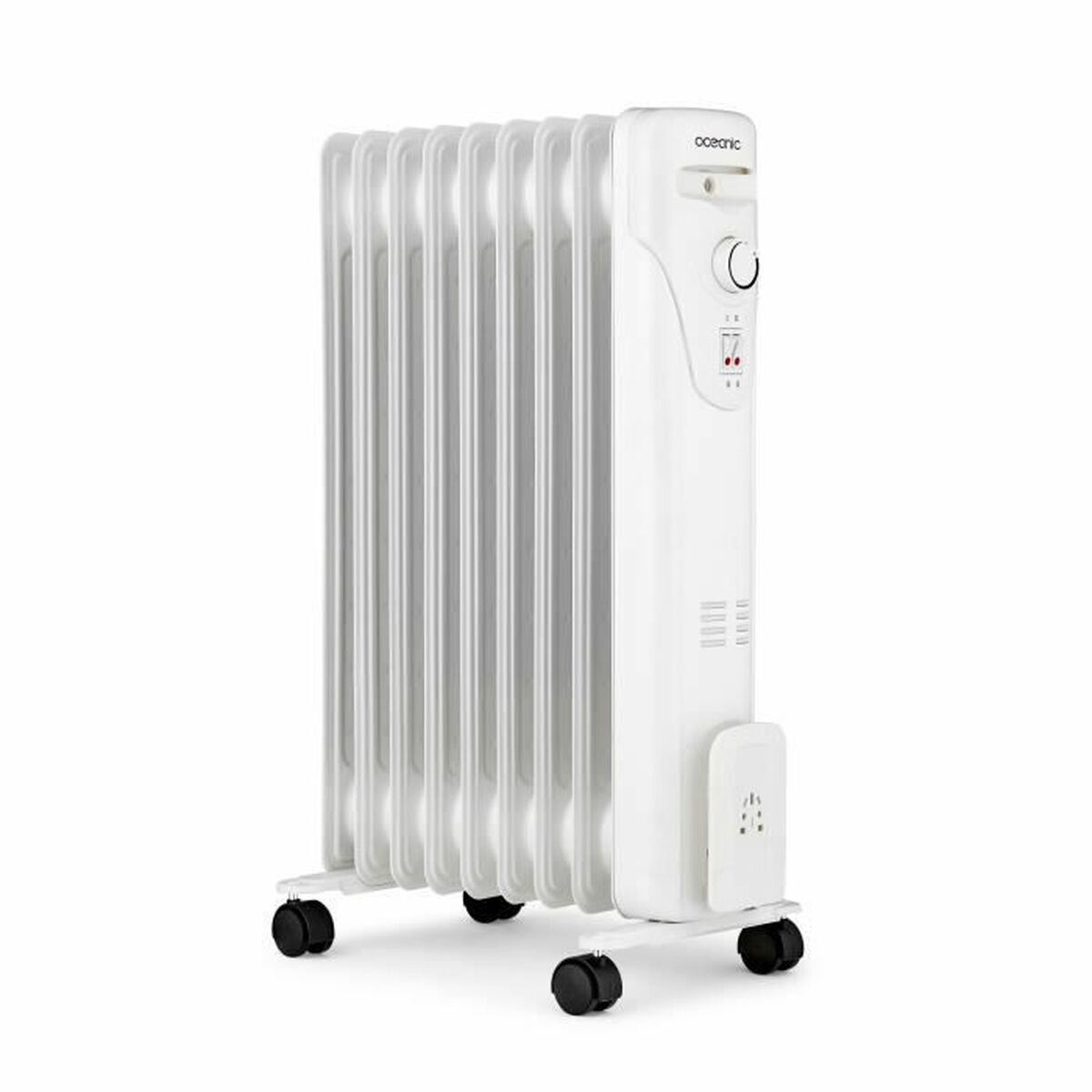 Ein weißer Ölradiator mit Rädern und einem Bedienfeld.