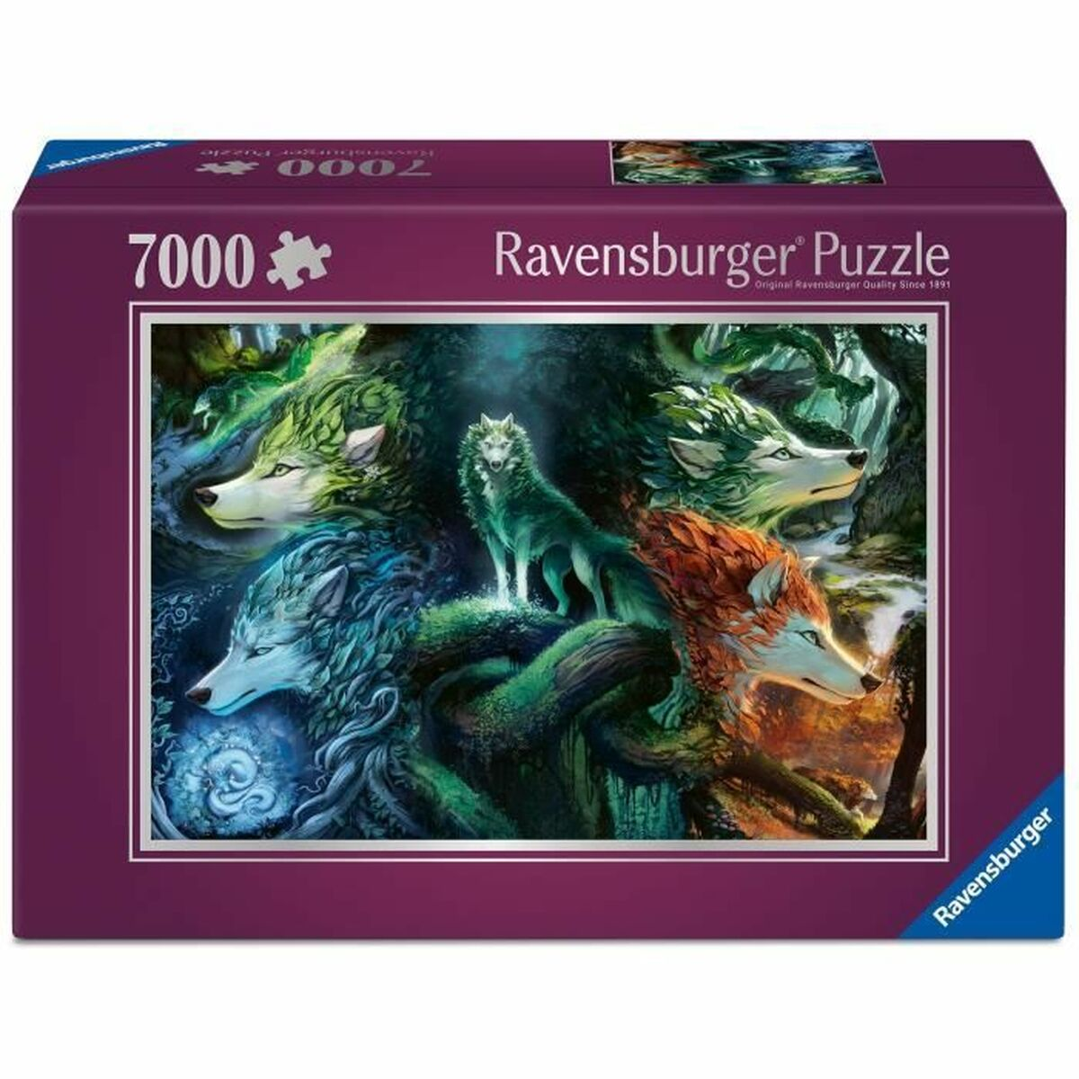 Un puzzle Ravensburger de 7000 pièces présente quatre loups dans une forêt.