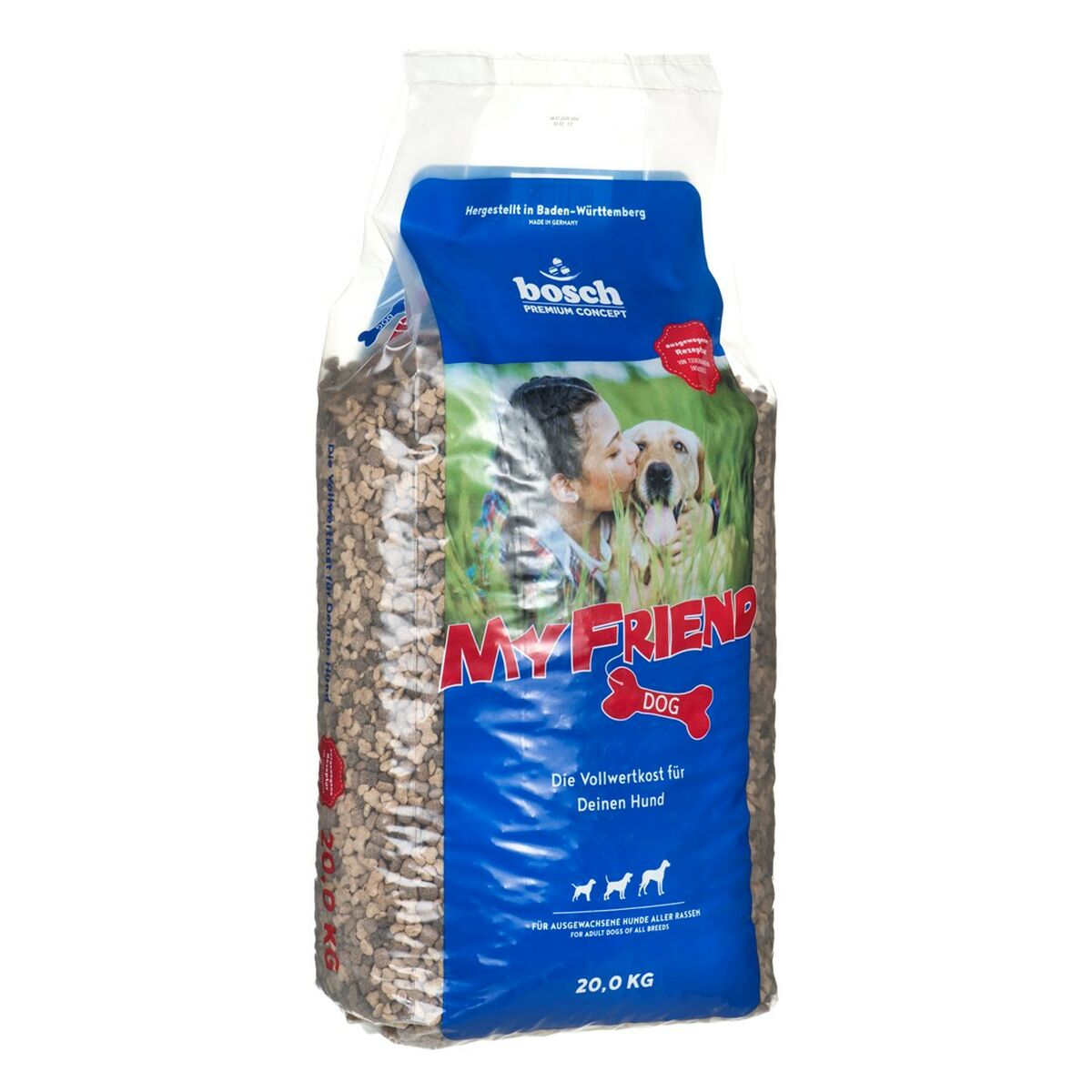 Worek karmy dla psów Bosch My Friend, 20,0 KG. Zdjęcie dziewczyny całującej psa.