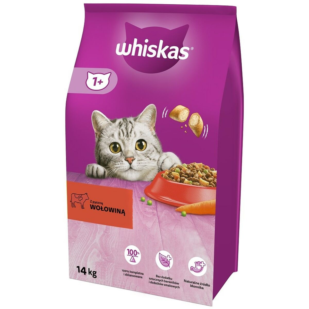 Fioletowa torba karmy dla kotów Whiskas z kotkiem zaglądającym do miski z jedzeniem.