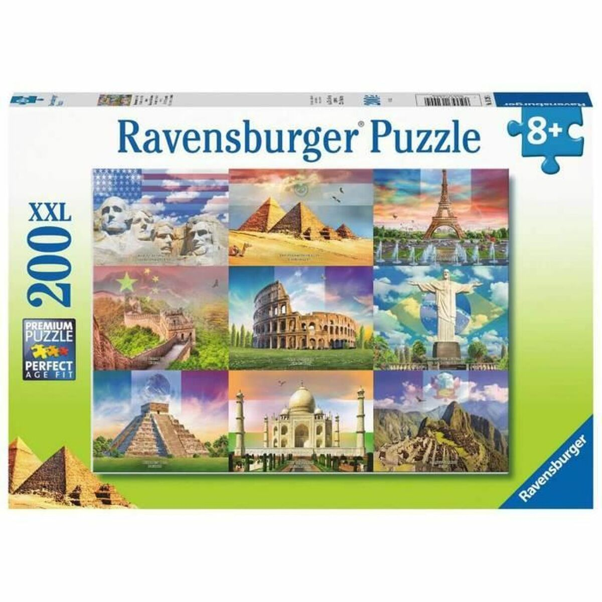 Pudełko puzzli Ravensburger z 9 światowymi cudami: Mount Rushmore, piramidy, Wieża Eiffla, Wielki Mur Chiński, Koloseum, Chrystus Odkupiciel, Chichen Itza, Tadż Mahal, Machu Picchu.