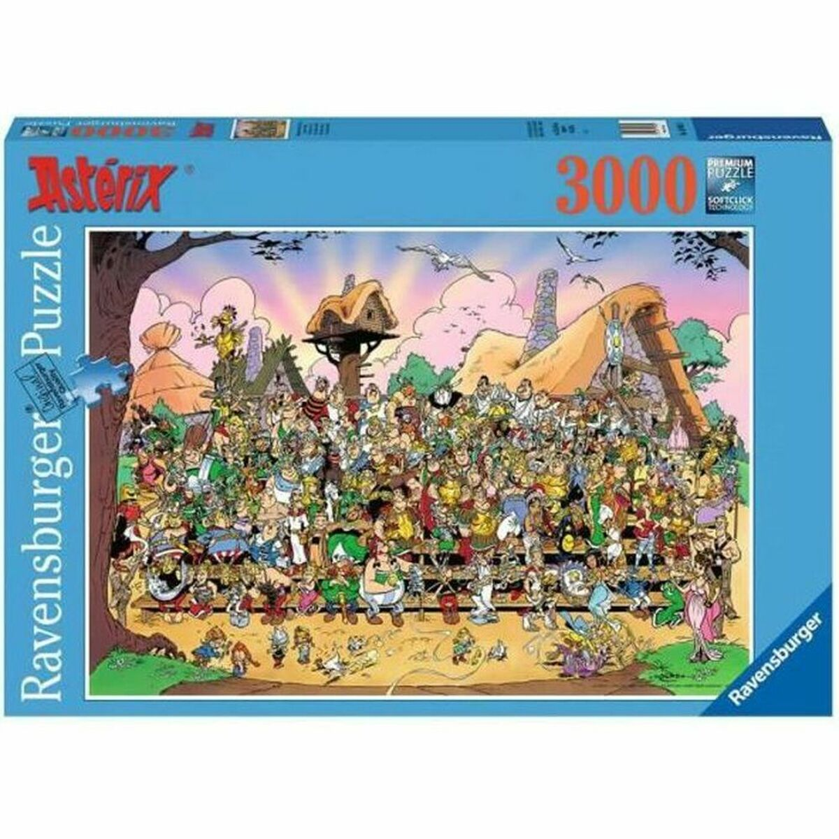 Ravensburger 3000-delige Asterix puzzeldoos met veel personages in dorpsscène.