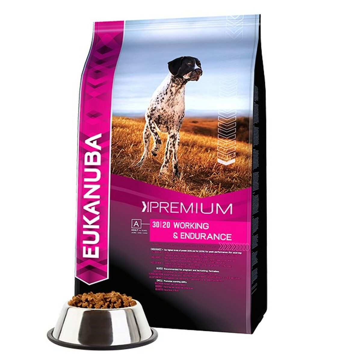 Bolsa de pienso Eukanuba con perro pointer en campo, con cuenco.