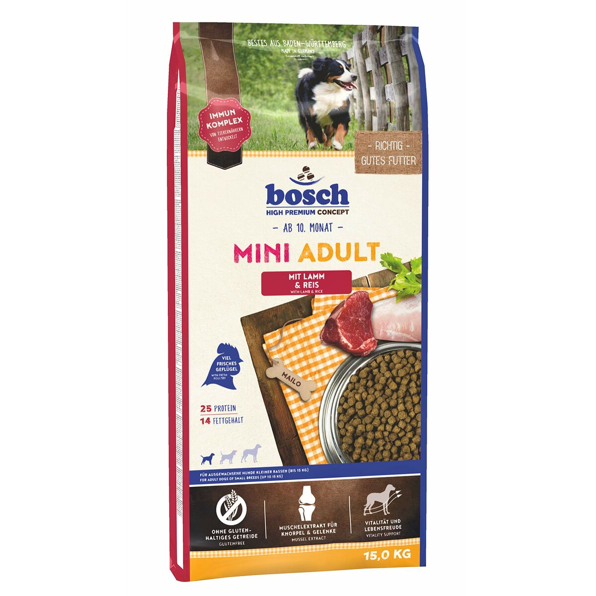 Karma dla psów Bosch Mini Adult z jagnięciną i ryżem, 15kg. Pies na zewnątrz.