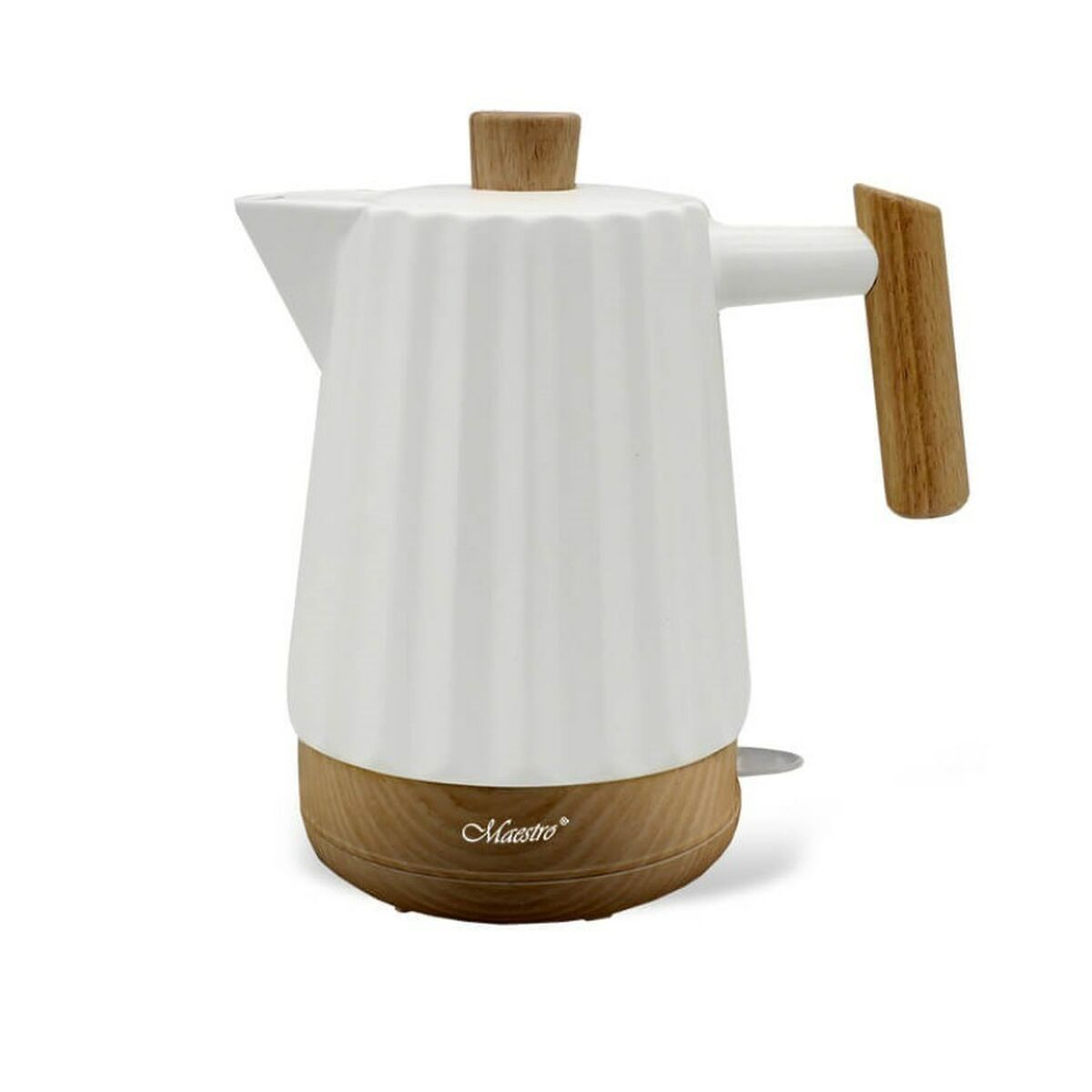 Un bollitore bianco con design a coste e accenti in legno.