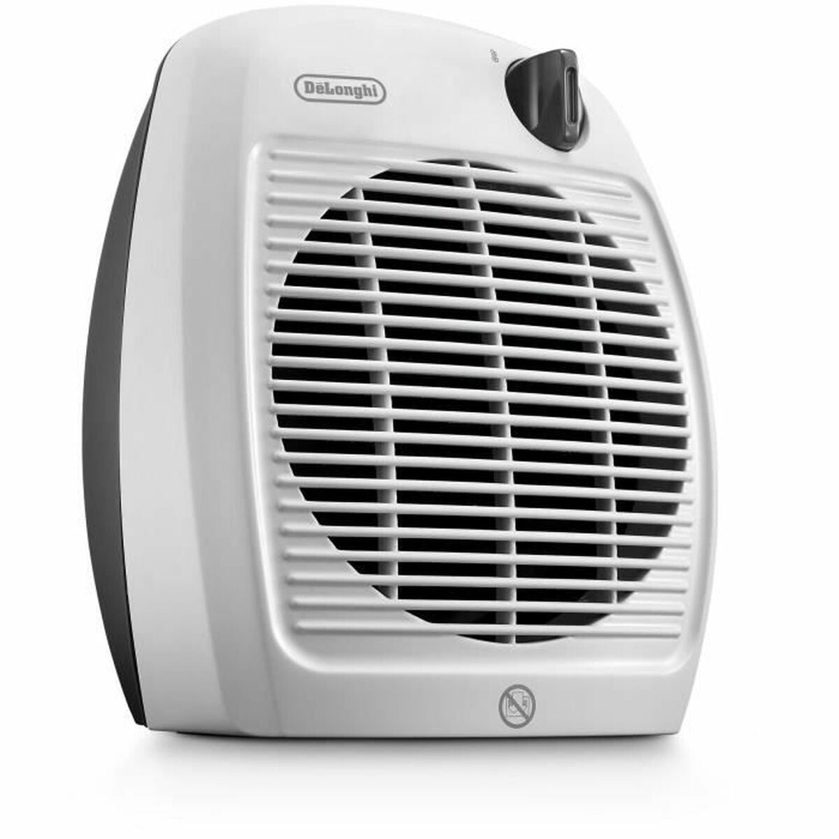 Ein weißer DeLonghi Heizlüfter mit Lüftungsgitter und schwarzem Drehknopf.