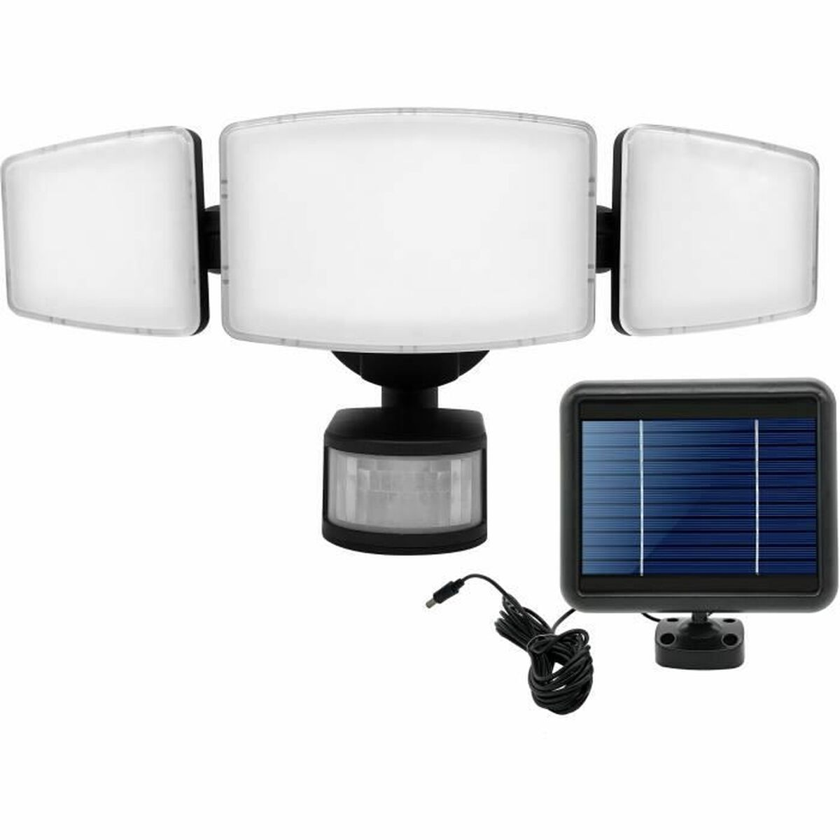 Ein dreiköpfiger Solarstrahler mit Bewegungsmelder und Solarpanel.