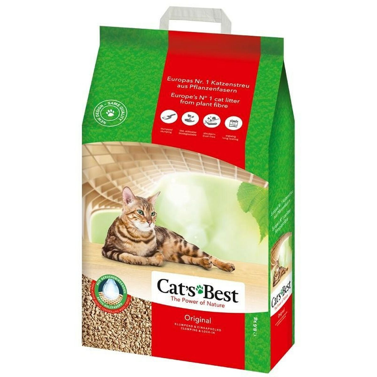 Gato tumbado en mesa de madera delante de paquete de arena para gatos verde y roja.