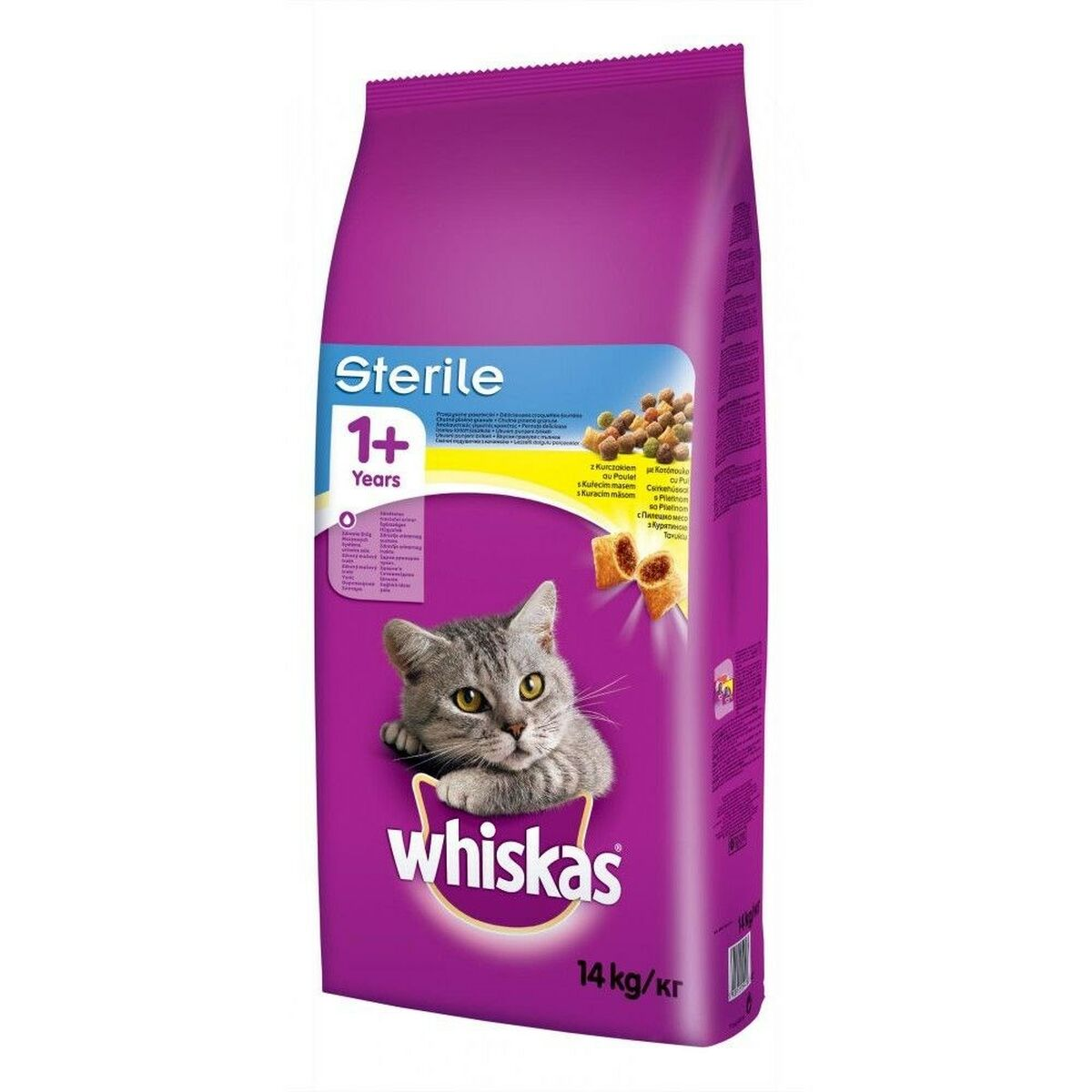 Fioletowa torba Whiskas dla kotów, 1+ lat, z kotem i karmą.