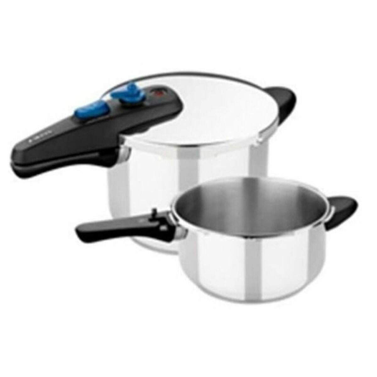 Olla a presión de acero inoxidable con asa negra y botones azules al lado.