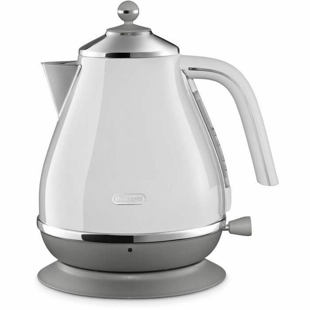 A white electric kettle with chrome accents and a gray base is shown.