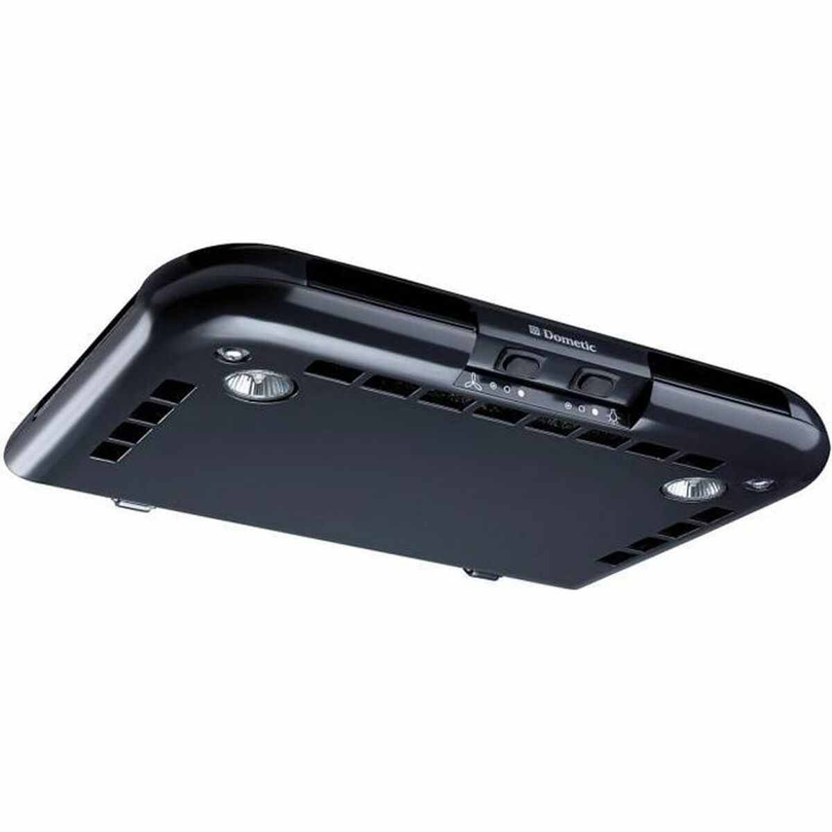 Zwarte Dometic afzuigkap met ingebouwde verlichting en ventilatorbediening.