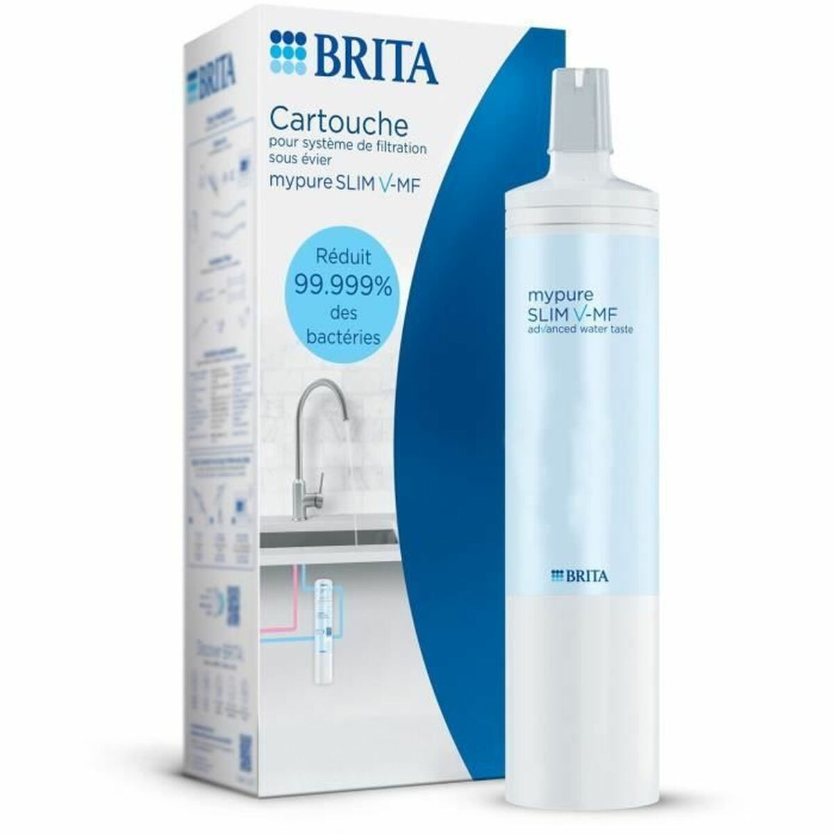Cartuccia filtro Brita sottolavello con imballaggio e un elemento filtrante.