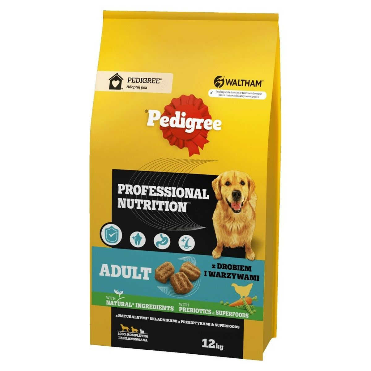 Żółta torba karmy dla psów Pedigree Professional Nutrition Adult, 12kg, z kurczakiem.