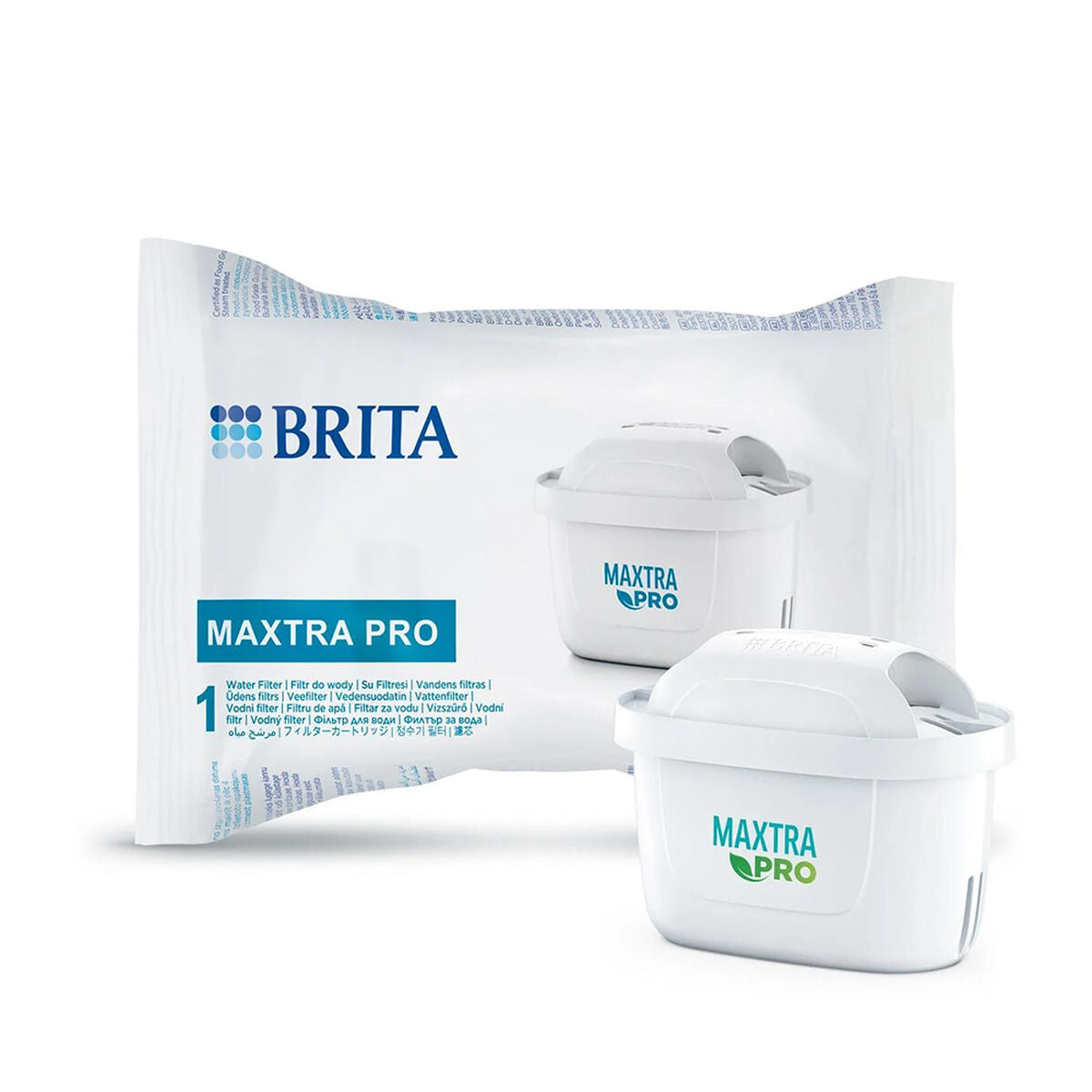 Confezione di filtri per acqua Brita Maxtra Pro con due filtri bianchi.