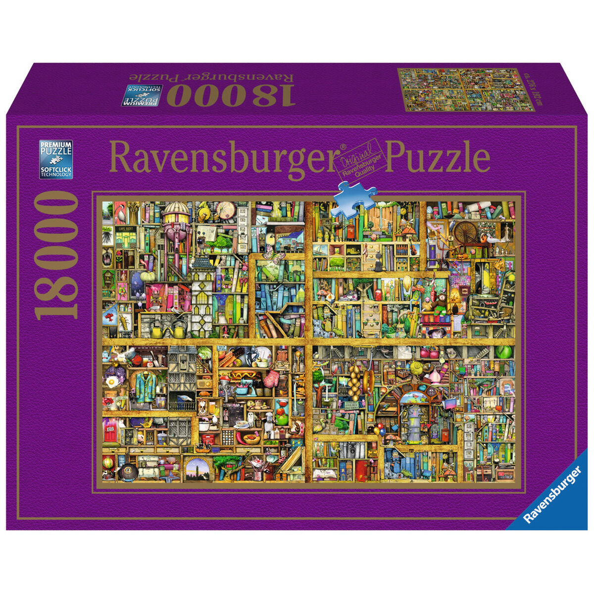 Pudełko puzzli Ravensburger 18000 elementów przedstawiające szczegółową scenę biblioteczną.