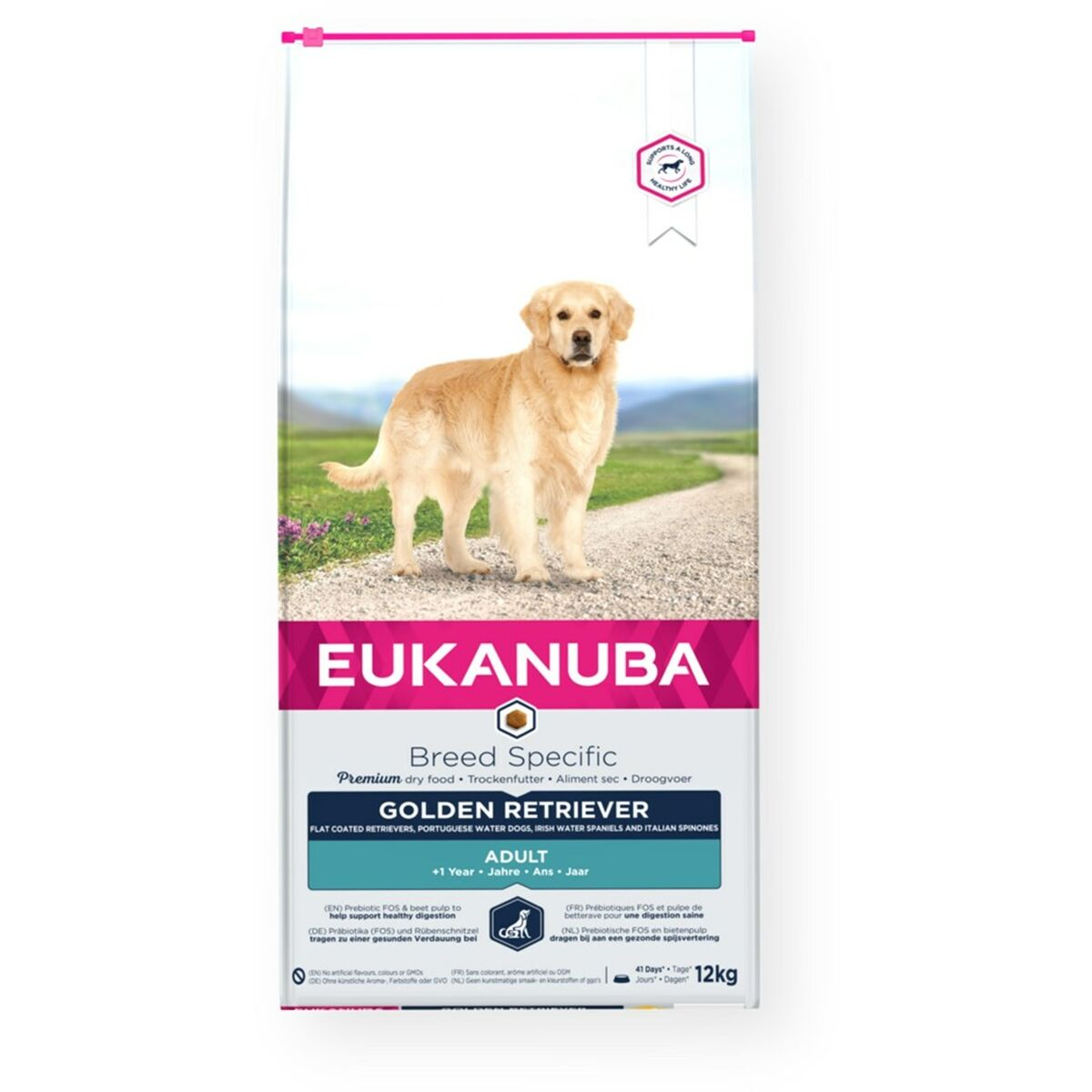 Golden Retriever stoi na żwirowej ścieżce z zielonym krajobrazem w tle.