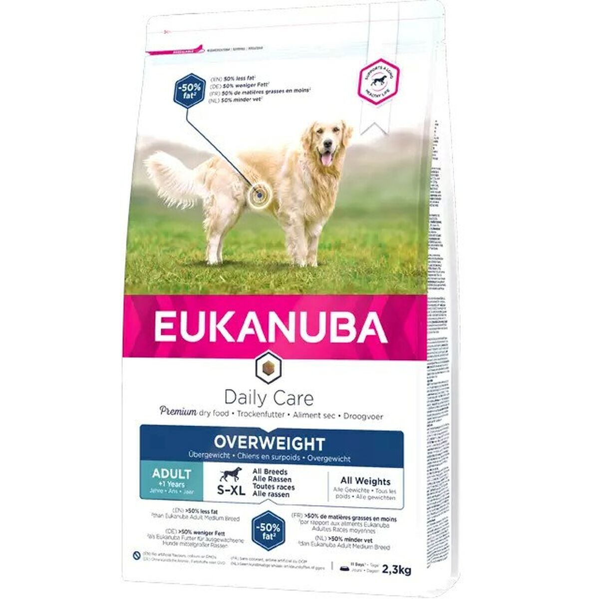 Karma dla psów Eukanuba dla psów z nadwagą: Golden Retriever na zielonym polu.