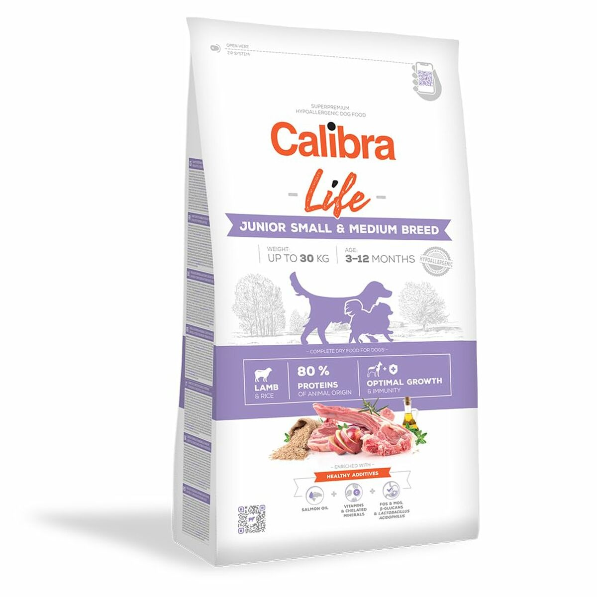 Una bolsa blanca de comida para perros con sabor a cordero y arroz para cachorros.