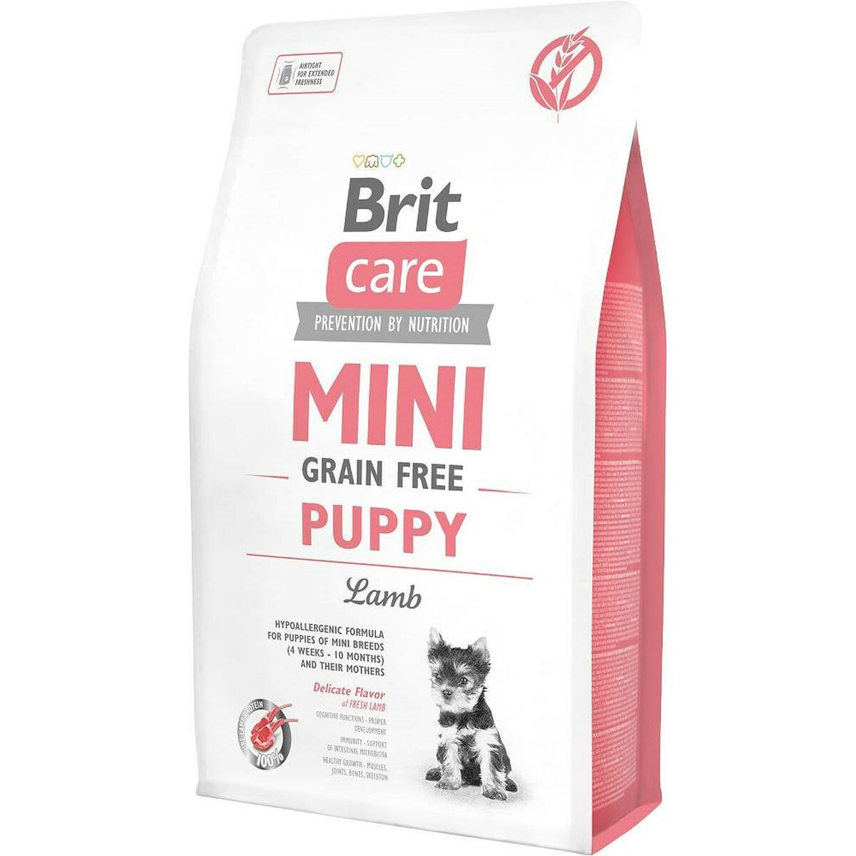 Torba suchej karmy Brit Care Mini Grain Free Puppy Lamb z ilustracją szczeniaka.