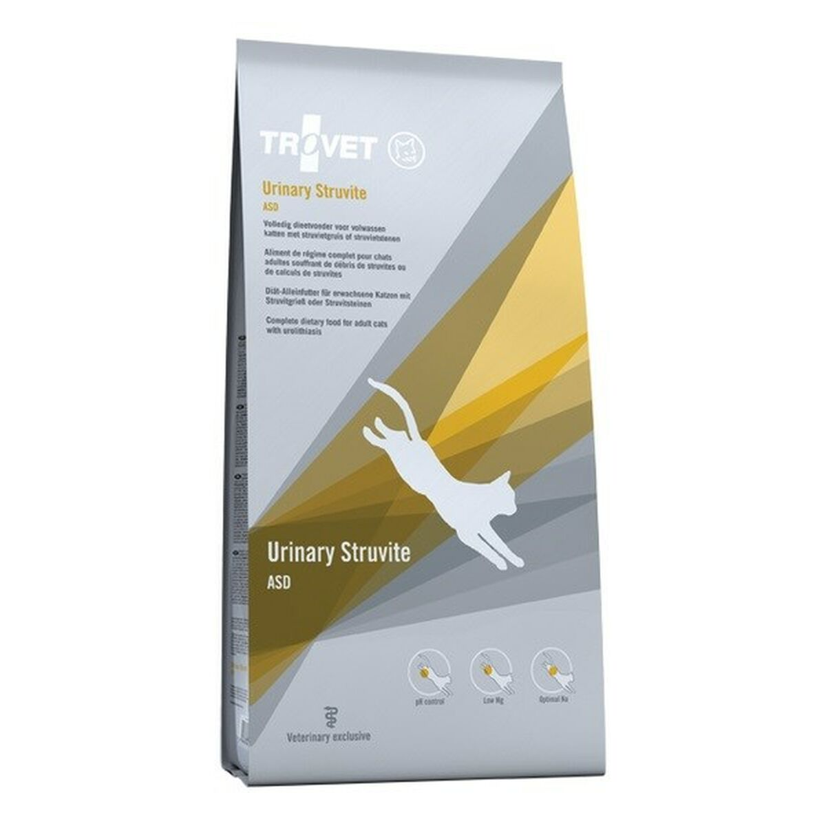 Torebka karmy dla kotów Trovet Urinary Struvite ASD z grafiką skaczącego kota.
