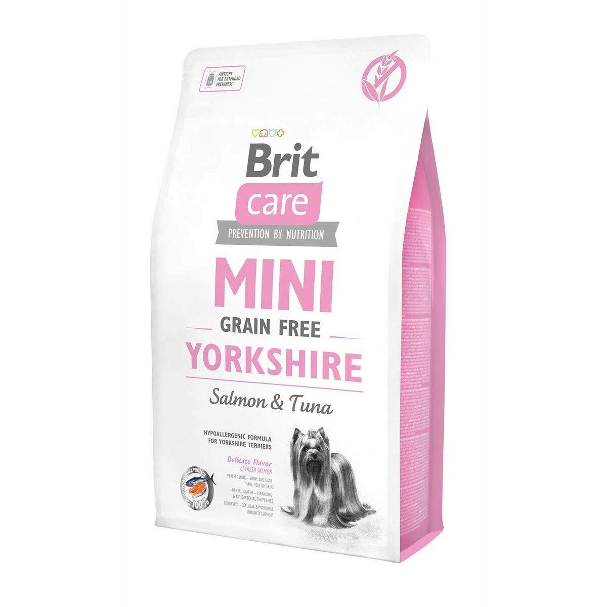 Torba karmy dla psów: Brit Care Mini Yorkshire Łosoś i Tuńczyk, z Yorkshire Terrierem.