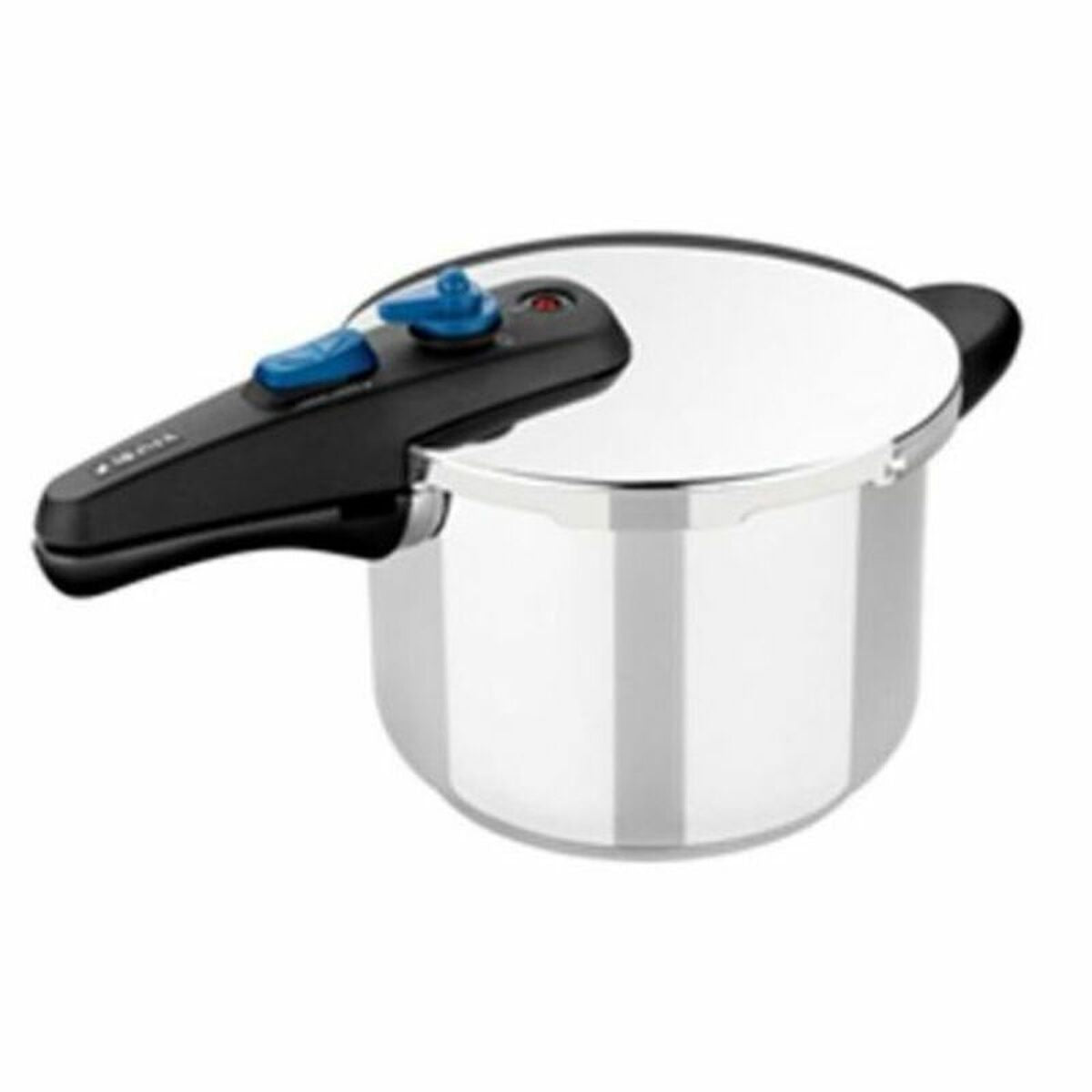 Una olla a presión plateada con asa negra y botones de control azules.