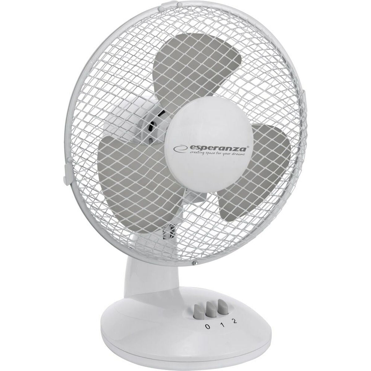 Ein weißer Tischventilator mit grauen Rotorblättern und silbernem Schutzgitter.