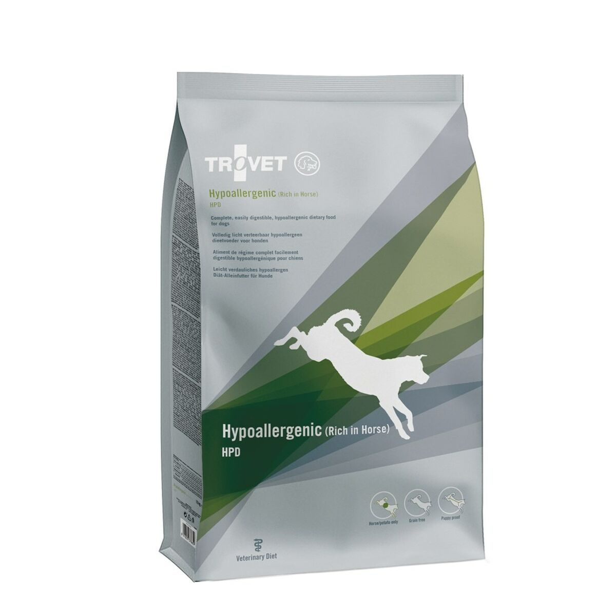 Torebka karmy dla psów Trovet Hypoallergenic (Koń) z sylwetką psa.