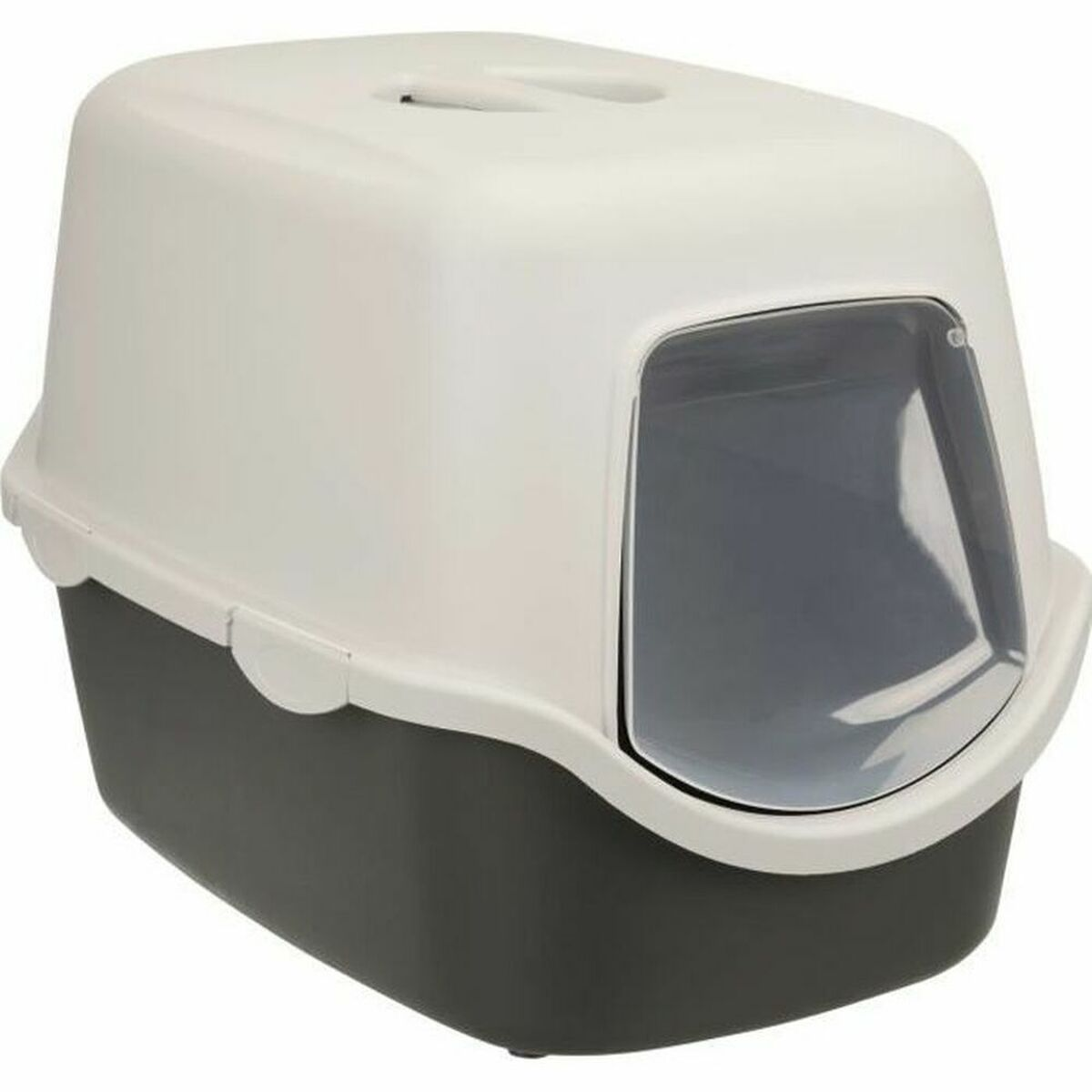 Lettiera bicolore con base grigia e coperchio bianco con porta trasparente.