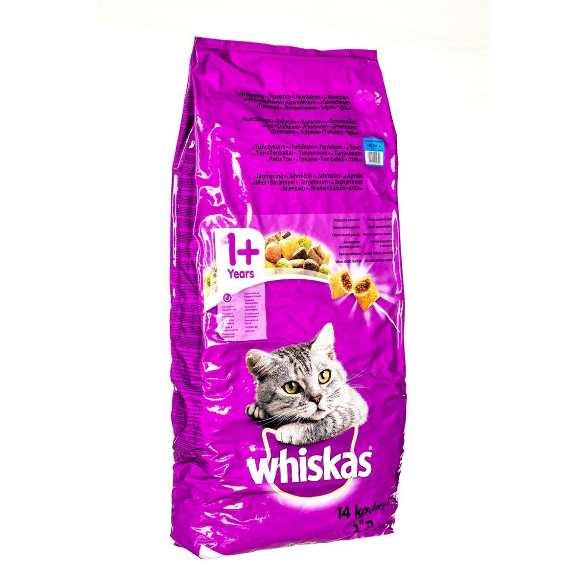 Fioletowa torba karmy dla kotów Whiskas z wizerunkiem kota i chrupkami.