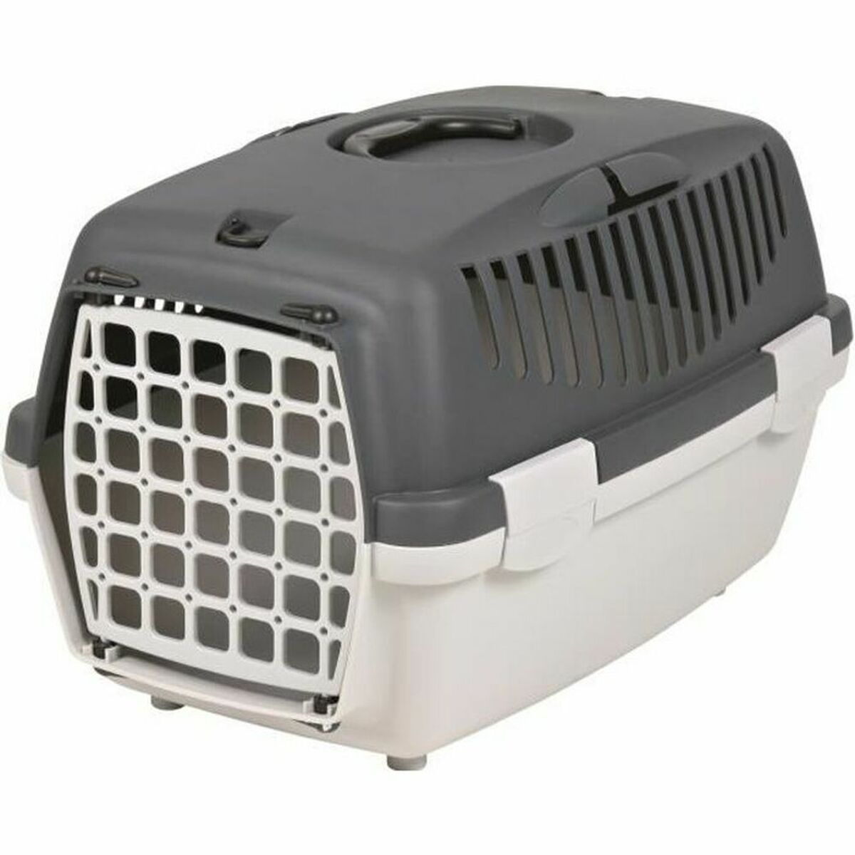 Trasportino grigio e bianco per animali con fessure di ventilazione e porta a grata.