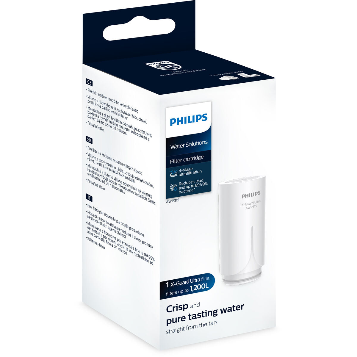 Philips Wasserfilter-Verpackung mit einem weißen Filter und Produktinformationen.