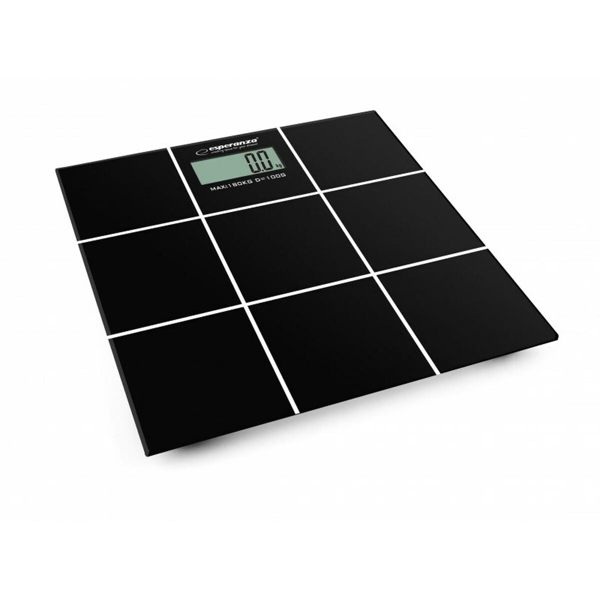 Czarna waga szklana z białym wzorem kratki i cyfrowym wyświetlaczem 0,0 kg.