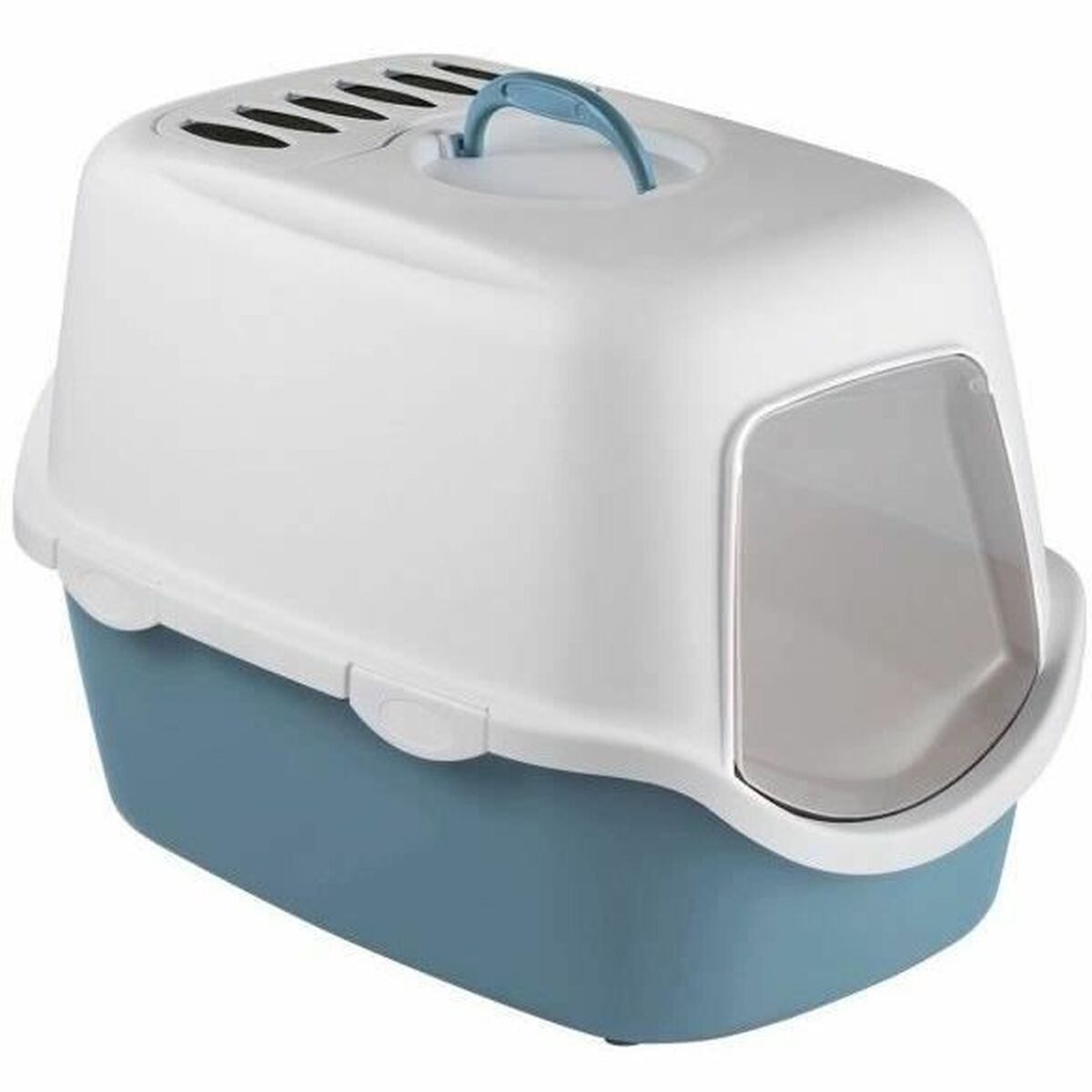 Ein weißer Katzentoilettenbehälter mit blauer Basis und Tragegriff.