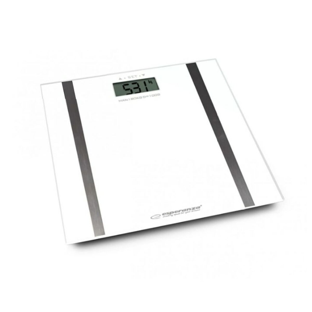 Biała waga cyfrowa pokazująca 53,1 kg, z dwoma ciemnoszarymi paskami.