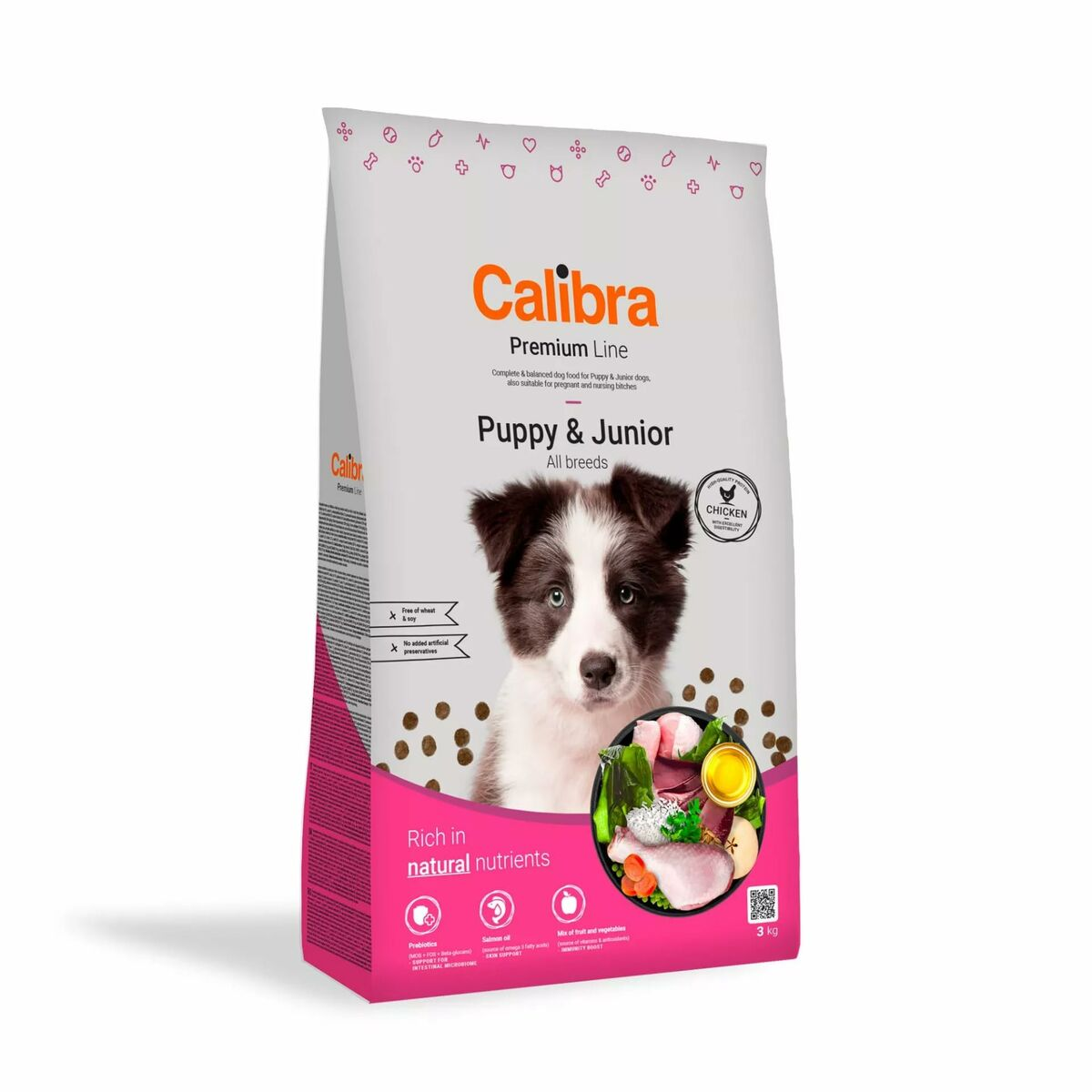 Bolsa de comida para perros Calibra Puppy & Junior con imagen de cachorro, ingredientes y 3kg.