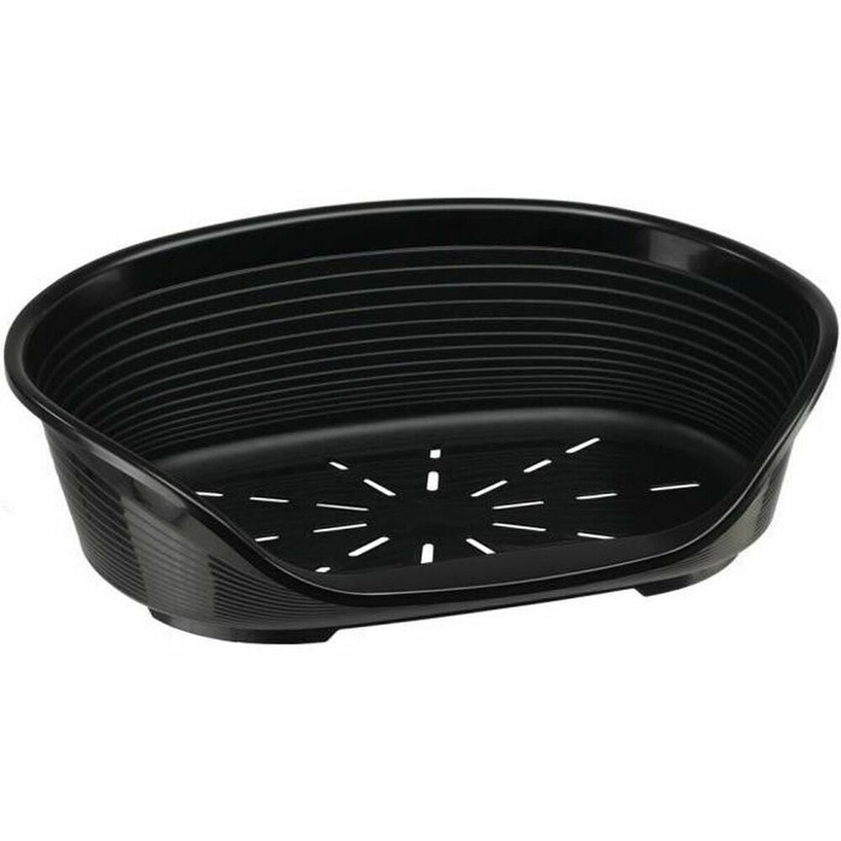 Una cama ovalada negra para mascotas con ranuras de ventilación.