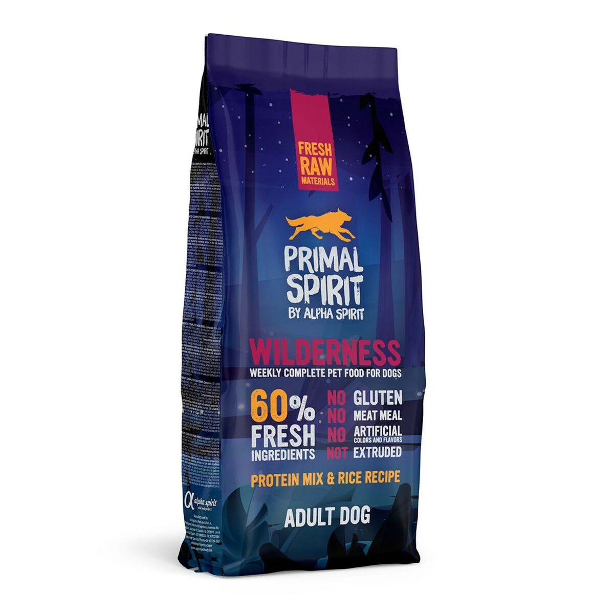 Torba karmy dla psów Primal Spirit Wilderness z sylwetką wilka i grafiką lasu.