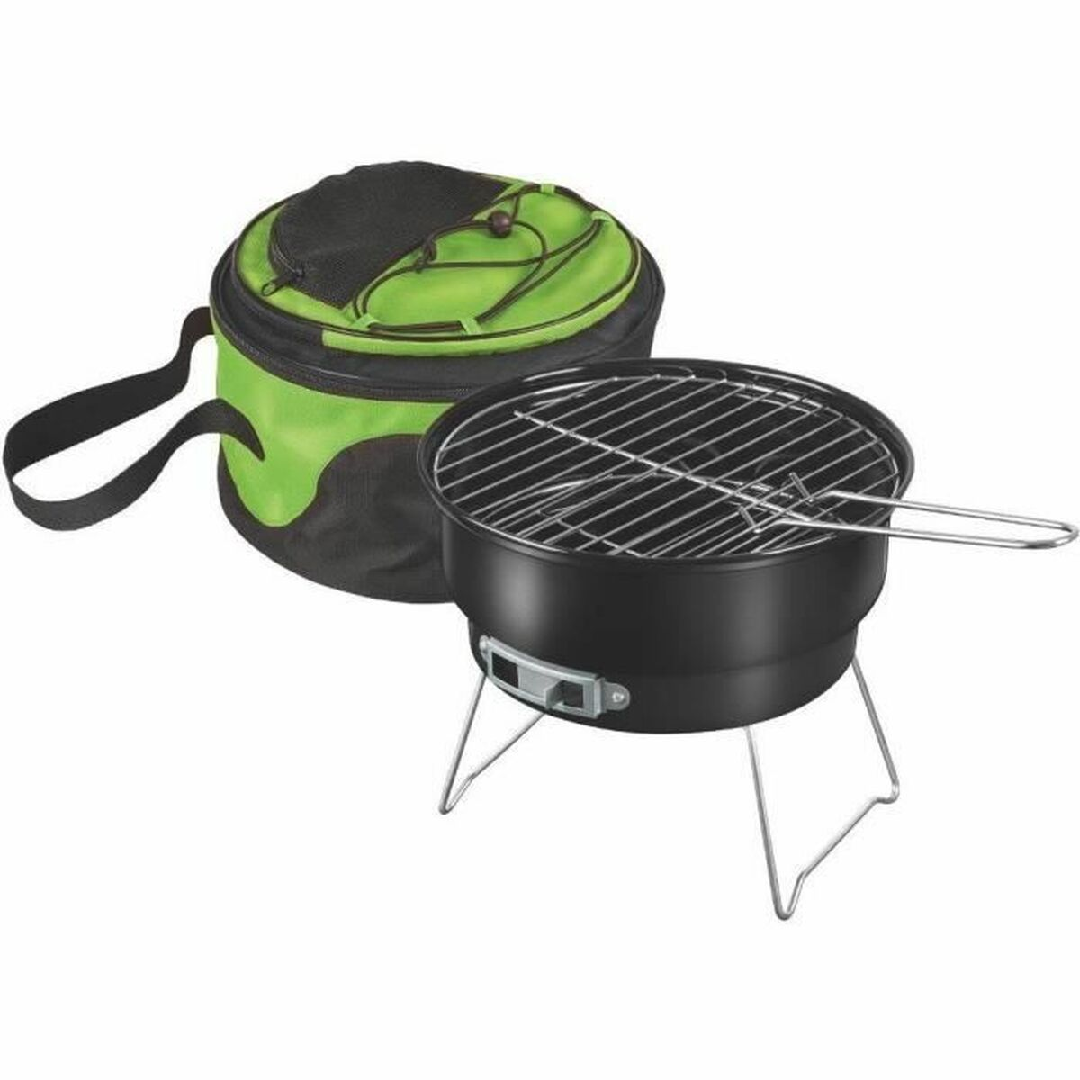 A portable grill with a green and black carrying bag on a white background.