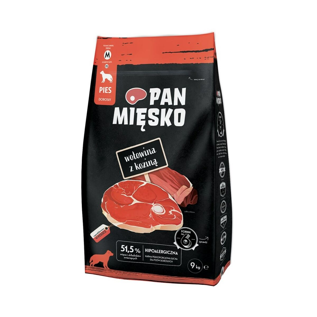 Torba z karmą dla psów z wizerunkami wołowiny i koziny, 9 kg.