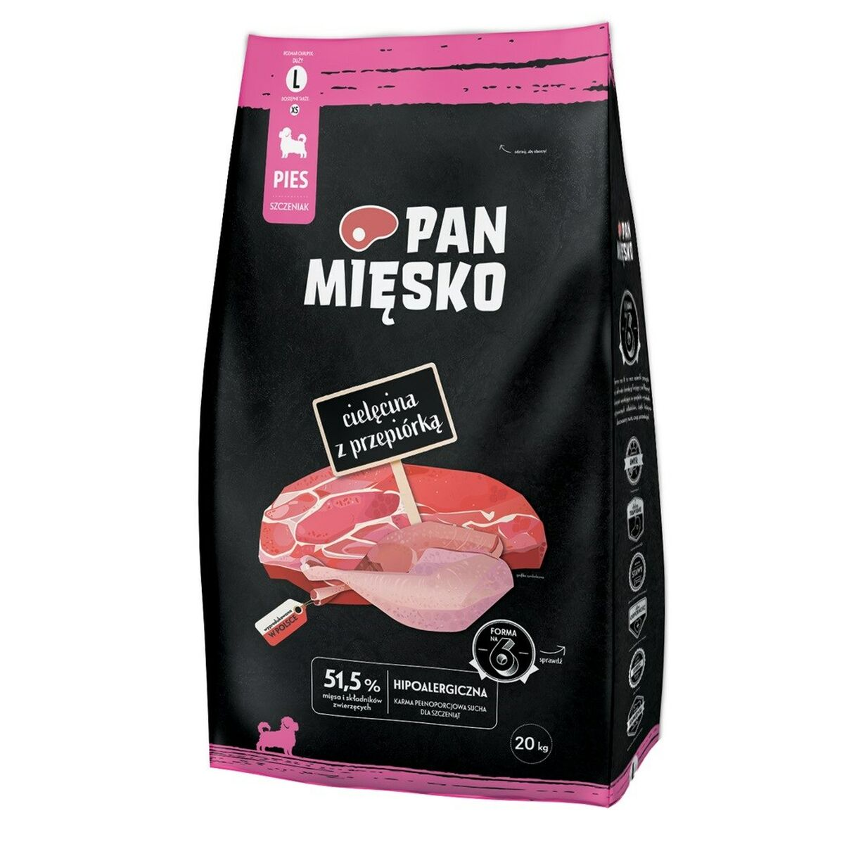 Worek karmy dla psów z cielęciną i przepiórką, 51,5% mięsa, 20kg.