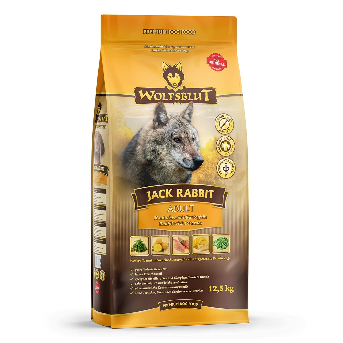 Torba karmy dla psów Wolfsblut Jack Rabbit Adult z głową wilka, królikiem i ziemniakami.