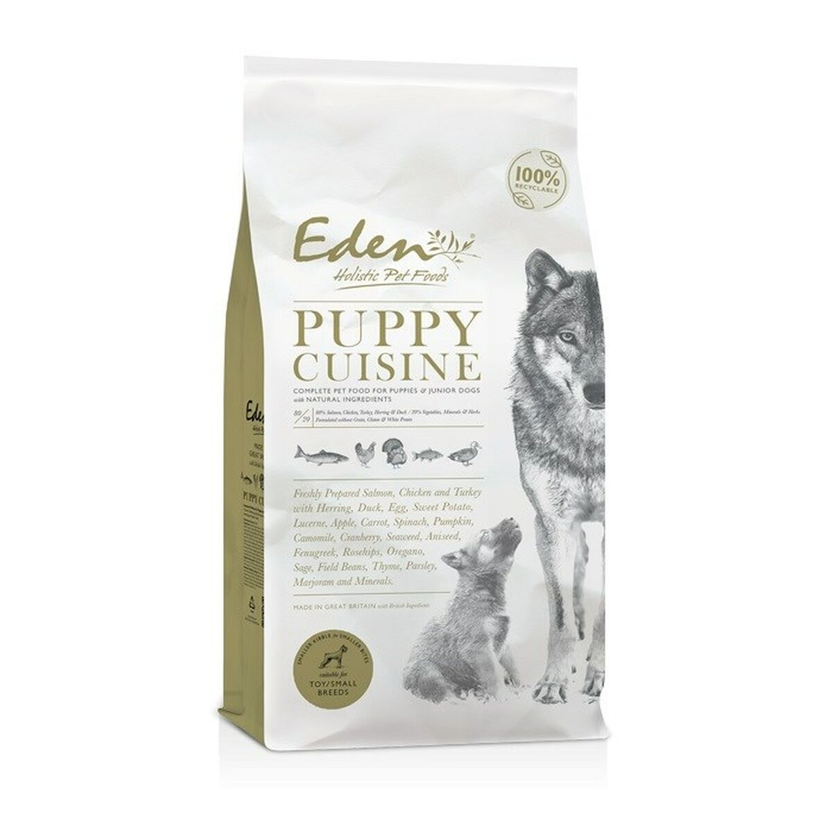 Torba karmy dla psów Eden Puppy Cuisine z ilustracją wilka i szczeniaka, wymienione składniki.